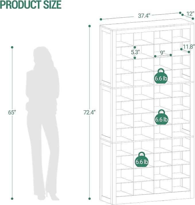 Hzuaneri Shoe Storage Cabinet, 48 Pairs Free Standing Closet Organizer, 9 inch Widened Cell Wood Shoe Organizer, 12 Tiers Vertical Space Saving Shoe Rack for Entryway, Cloakroom, Greige SR39605X