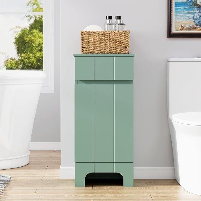 Small Bathroom Cabinet with Adjustable Shelves, Drawer, Anti-Tip Design, 14.96" L x 11.81" W x 32.09" H, Durable MDF for Bathroom, Kitchen, Laundry Storage, Soft-Close Door
