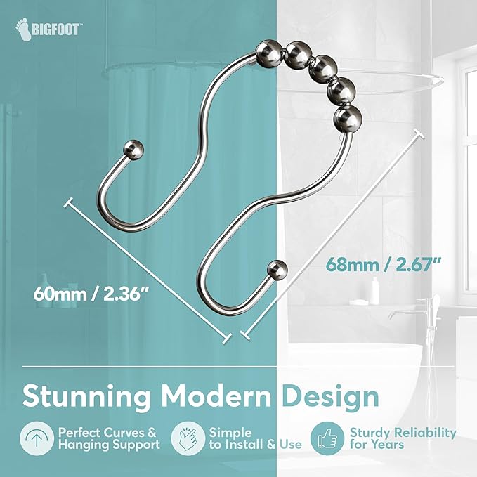 BigFoot Shower Curtain Hooks, Stainless Steel, Rust Resistant, Easy Installation & Smooth Glide, Fits Standard Shower Rods, 2 Hook Rings Hold Liners & Curtains, 12 Pieces, Nickel Color