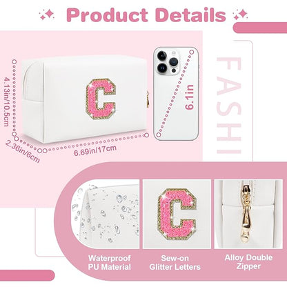 Small Personalized Initial A-Z Patch Makeup Bag,White Cute PU Leather Glitter Letter Cosmetic Bag for Teen Girls,Travel Toiletry Bag with Zipper,Preppy Monogrammed Birthday Gift for Daughter Niece C