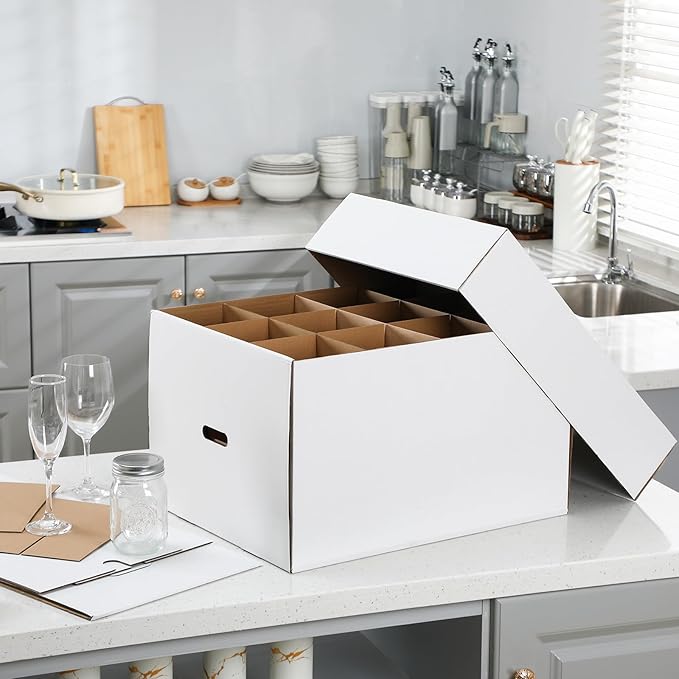 4 Pack Wine Glass Moving Boxes Kitchen Moving Boxes with Handle Kitchen Kit with Lid for Dish Glassware(White,20 x 15 x 12 Inches)