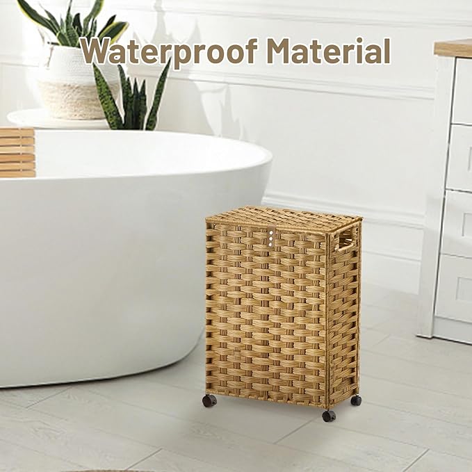 Toilet Paper Storage Basket with Lid and Wheels, Rattan Toilet Paper Holder Storage, Toilet Paper Organizer for Bathroom, Bedroom, Kitchen, 12.6”L x 7.1”W x 17.14”H, Naturall