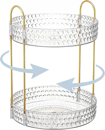 Gold Rotating Makeup Organizer for Vanity, 2-Tier Large Capacity Perfume & Skincare Organizer with Brush Holder, 360° Bathroom Countertop Organizer for Cosmetics, Jewelry & Hair Products