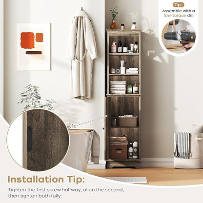 Narrow Bathroom Storage Cabinet with Door and Open Adjustable Shelves, 60.9" H Wooden Tall Tower Corner Farmhouse Cabinet, Freestanding Organizer for Kitchen, Entryway Grey