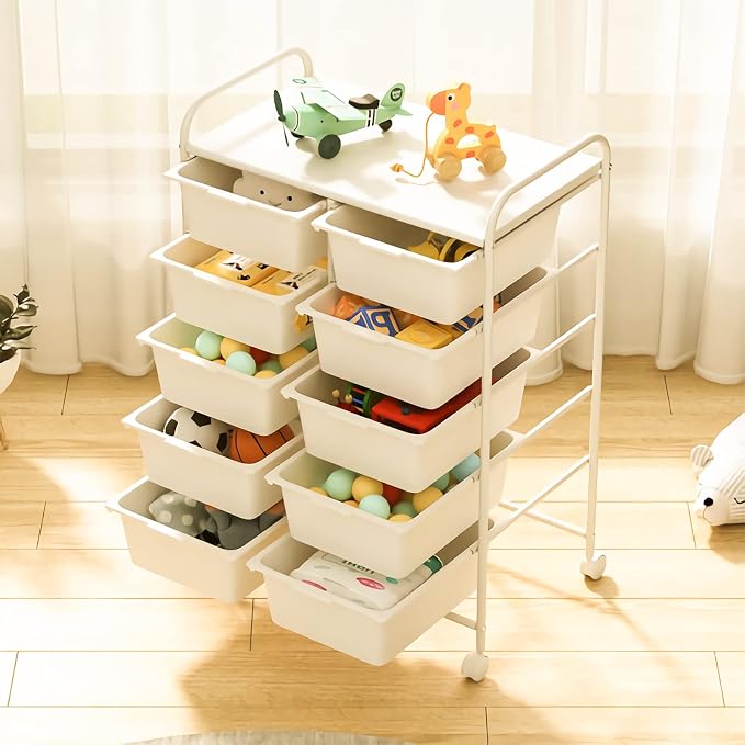 Ytaoka Rolling Cart with 10 Drawers, Plastic Drawer Cart with Metal Frame, Multipurpose Art Craft Cart Organizer with Wheels, Utility Cart with Drawers for Home, Office, School, White