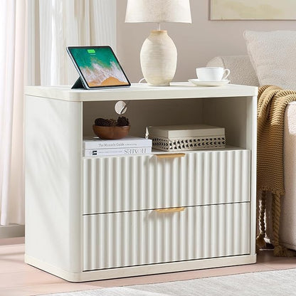 LEYAOYAO 31" Wide Fluted Nightstand Set of 2 with Charging Station, Oversized Extra Large 2 Drawers Night Stand,White Wood Bedside Table,Tall End Tables,Modern Chest of Drawers Dressers for Bedroom