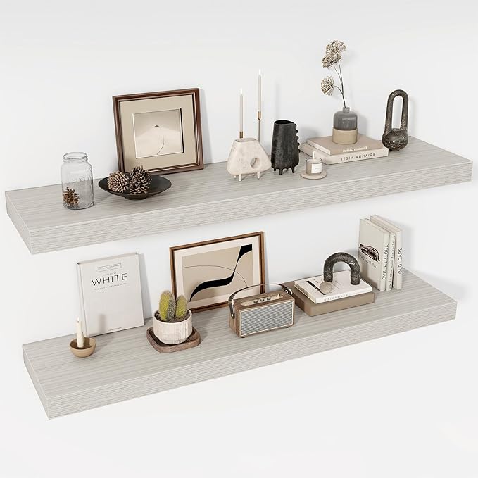Acovy 48 Inch Floating Shelves, 12" Deep Floating Shelf Wall Mounted, 48" Wall Shelves, Rustic Deep Bookshelf, Extra Deeper & Thicker Display Shelves for Bedroom, Living Room, Gray, Set of 2