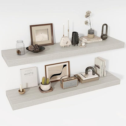 Acovy 48 Inch Floating Shelves, 12" Deep Floating Shelf Wall Mounted, 48" Wall Shelves, Rustic Deep Bookshelf, Extra Deeper & Thicker Display Shelves for Bedroom, Living Room, Gray, Set of 2