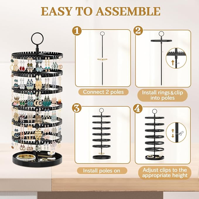 MODOWEY 6 Tier Rotating Earring Holder Organizer Display Tree with Metal Tray, Adjustable Plastic Stand with 342 Slots for Stud Hoop Hanger, Large Capacity Storage Rack for Women Space Saving, Black