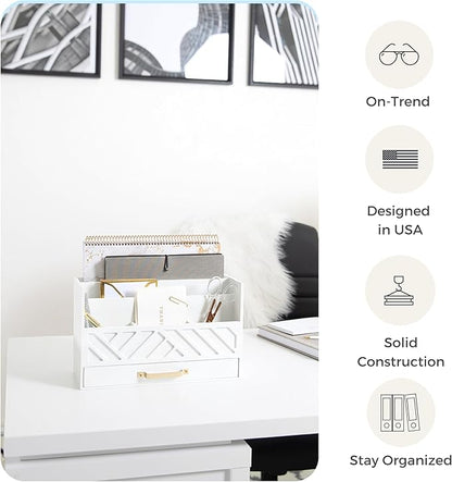 BLU MONACO | White Wooden Desk Organizer & Mail Organizer with Drawer & Gold Handle | Mail Sorter Countertop | 6 Compartments | White Desktop Organizer for Desk