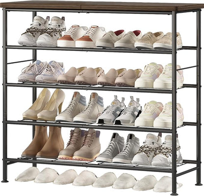 SUOERNUO Shoe Rack Organizer 5 Tier for Closet Entryway Free Standing Metal Storage Shoe Shelf with MDF Top Board，Black+Rustic Brown