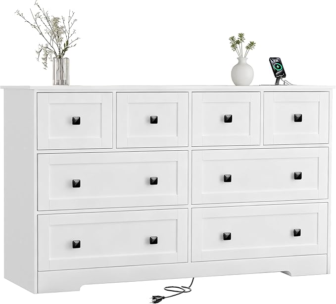 Dresser for Bedroom with Power Outlets Wide Chest of Drawers with 8 Drawers Modern Wooden Dressers with Metal Handle Large Closet Store Organizer for Bedroom Living Room Hallway Closet White