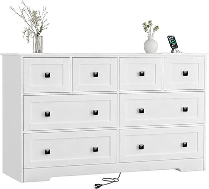 Dresser for Bedroom with Power Outlets Wide Chest of Drawers with 8 Drawers Modern Wooden Dressers with Metal Handle Large Closet Store Organizer for Bedroom Living Room Hallway Closet White