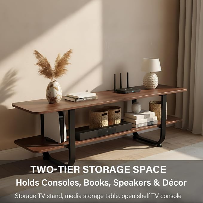 Tiita Bamboo TV Stand with Storage for TV up to 65 inch, Bamboo Rattan TV Console Entertainment Center with 2 Open Shelf, Mid Century Modern Media Console for Living Room, Bedroom