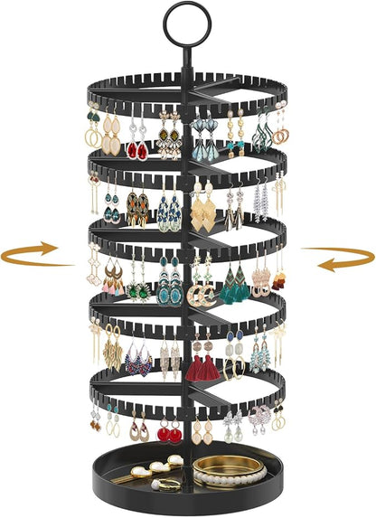MODOWEY 5 Tier Rotating Earring Holder Organizer Display Tree with Metal Tray, Adjustable Plastic Stand with 285 Slots for Stud Hoop Hanger, Large Capacity Storage Rack for Women Space Saving, Black