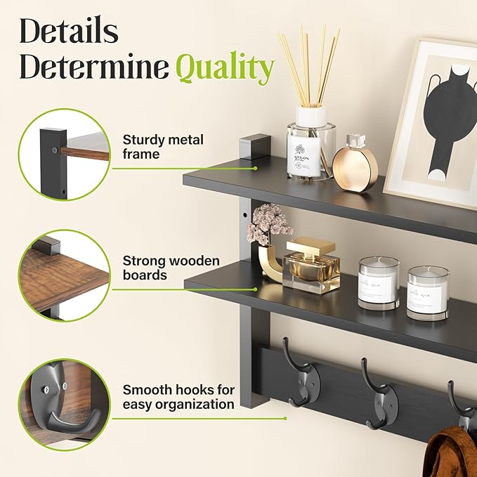 2 Tier Coat Rack Wall Mount with Shelf, 33" Wall Shelf with Hooks, Entryway Key Holder for Wall with 8 Heavy Duty Double Hooks, Coat Hook Wall Mounted for Bedroom, Living Room, Black