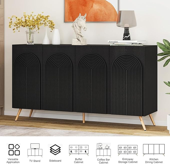 59" Accent Cabinet with 4 Door, Modern Decorative Storage Cabinet with 3D Carved Doors, Sideboard Buffet Cabinets with Adjustable Shelves, Credenza for Living Room,Entryway,Dining Room, Black