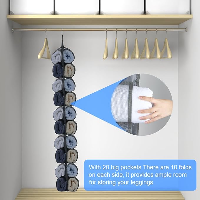 2-Pack Hanging Organizer for Closet - 20 Pocket Storage Leggings, Yoga for Pants & Accessories Multi-Pocket Closet Organizer for Apartments & Dorms, Space-Saving, Behind Door Design (Black)