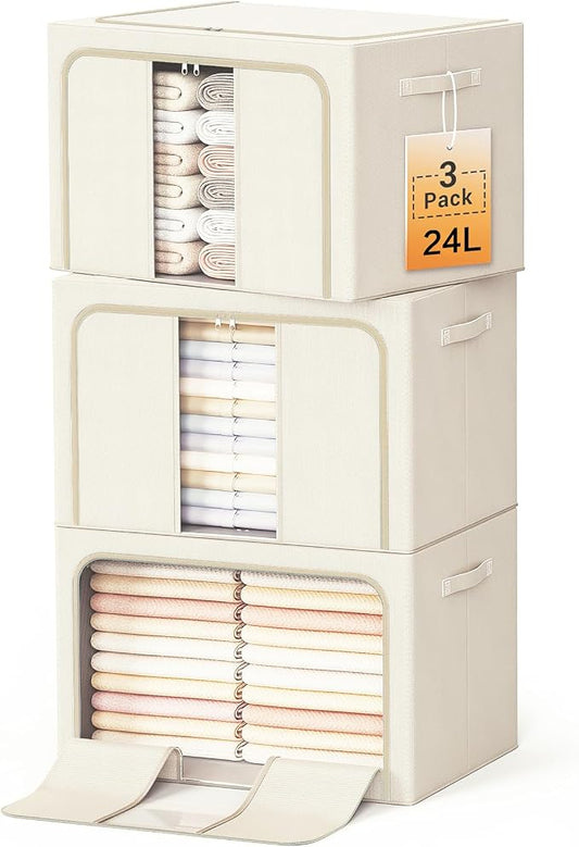 Clothes Storage Bins with Metal Frame, Foldable Clothes Organizers Storage Containers for Clothes, Sheets, Blankets, Pillows and Towels (24L, 3 Pack) Beige