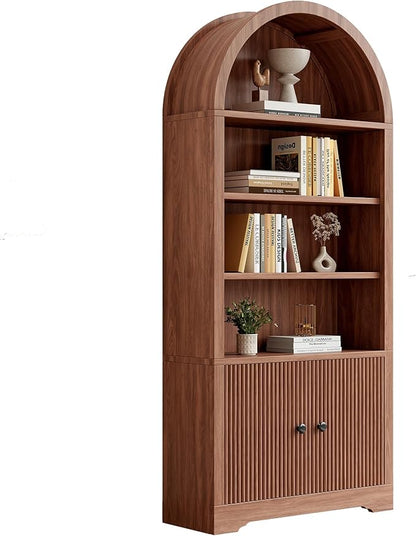 70" Arched Bookcase with Storage, 6 Tier Bookshelf with Door, Freestanding Display Storage Cabinet Farmhouse Storage Shelves for Living Room,Bedroom Home Office,Walnut Oak-2