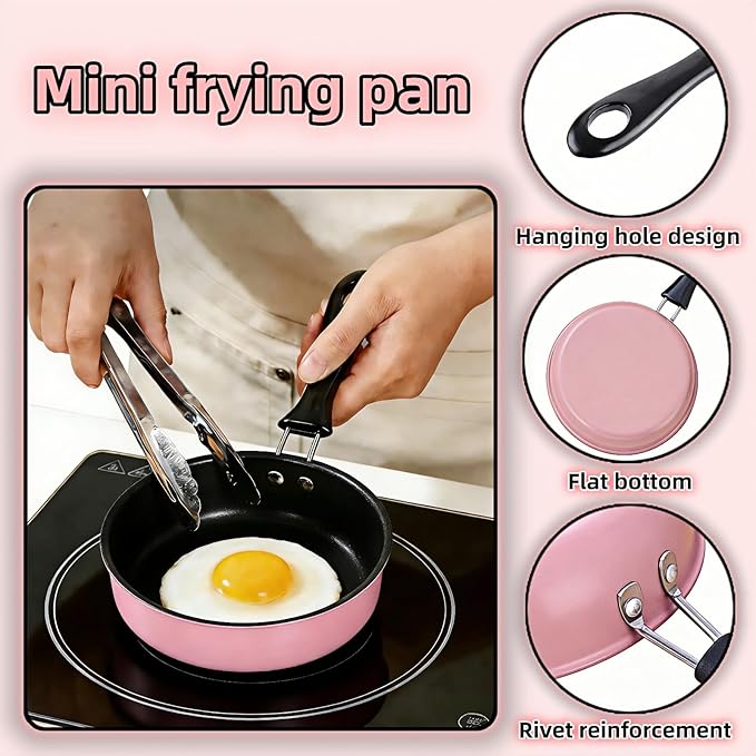 4.7 Inch Mini Frying Pan, Black Non-Stick Egg Pan with Hanging Hole, Flat Bottom Design for Gas, Induction, Electric Stove, Perfect for Single Serve Breakfast, Omelets & Camping, RV Use (Pink)