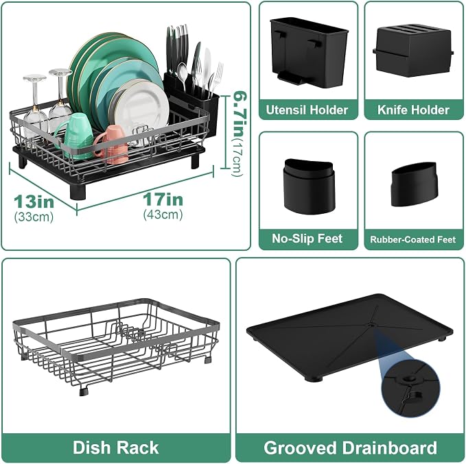 MOUKABAL Dish Drying Rack, Dish Rack, Stainless Steel Dish Racks for Kitchen Counter, Dish Drainer with Removable Utensil Holder, Drainboard (Grey,13''W x 17''L)