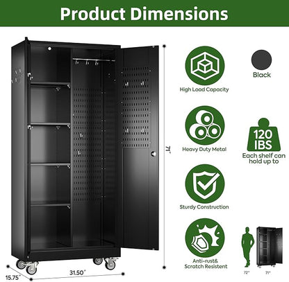 Broom Closet Storage Cabinet with Wheels and Pegboard,Metal Garage Storage Cabinet with Doors and Adjustable Shelves for Garage Home,Required Assembly,Black