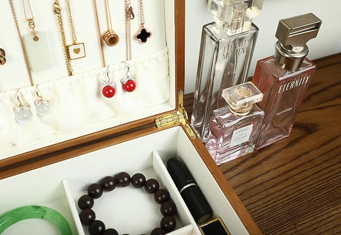 Solid Walnut Wood Jewelry Box with Lock, 2-Layer Vintage Jewelry Organizer for Men Women, Velvet-Lined Storage Chest with Key Lock (Beige)
