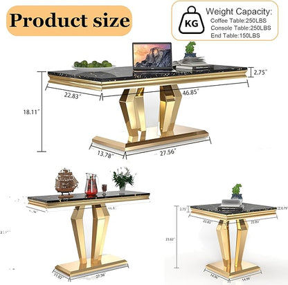 Living Room Coffee Table Set of 3, Modern Marble Coffee, End Side and Console Table, 3-Piece Living Room Table Set with Stainless Steel Base for Living Room (Gold,Black)