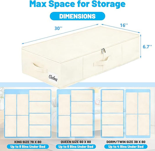 Under Bed Storage Container Bins 2 Pack, Low Profile Foldable Underbed Clothes Storage Organizer W/ Ultra Thick Fabric and Sturdy Bottom/Sides, Dual Zipper Storage Box for Dorm and Home 30x16x6.7"