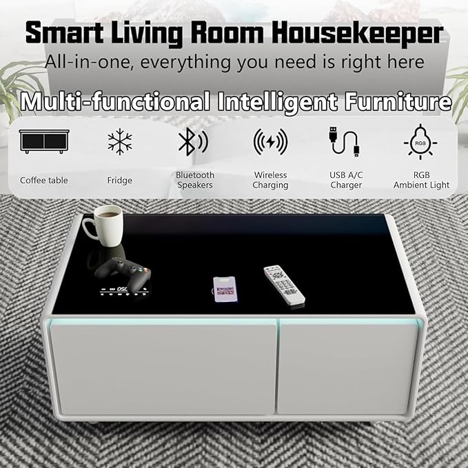 Smart Coffee Table with Fridge and Bluetooth, Smart Living Room Table with Frozen Drawers, Dual Speakers, 15W Wireless Charger, Touch Control, USB Ports, Atmosphere Light, LT90 Ultra-White