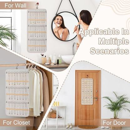Dynoro Double-Sided Hanging Jewelry Organizer, Large Lvory Storage Roll for Earrings, Necklaces, Rings, 48 Pockets 21 Hooks, Durable Oxford Fabric for Closet, Wall, Door, 1 piece, Jewelry Not Included