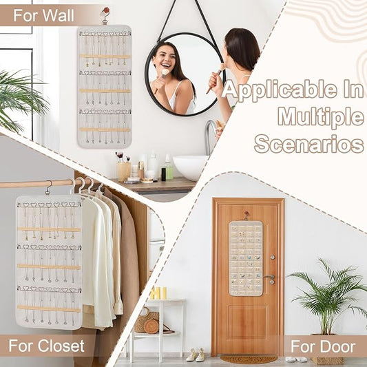 Dynoro Double-Sided Hanging Jewelry Organizer, Large Lvory Storage Roll for Earrings, Necklaces, Rings, 48 Pockets 21 Hooks, Durable Oxford Fabric for Closet, Wall, Door, 1 piece, Jewelry Not Included