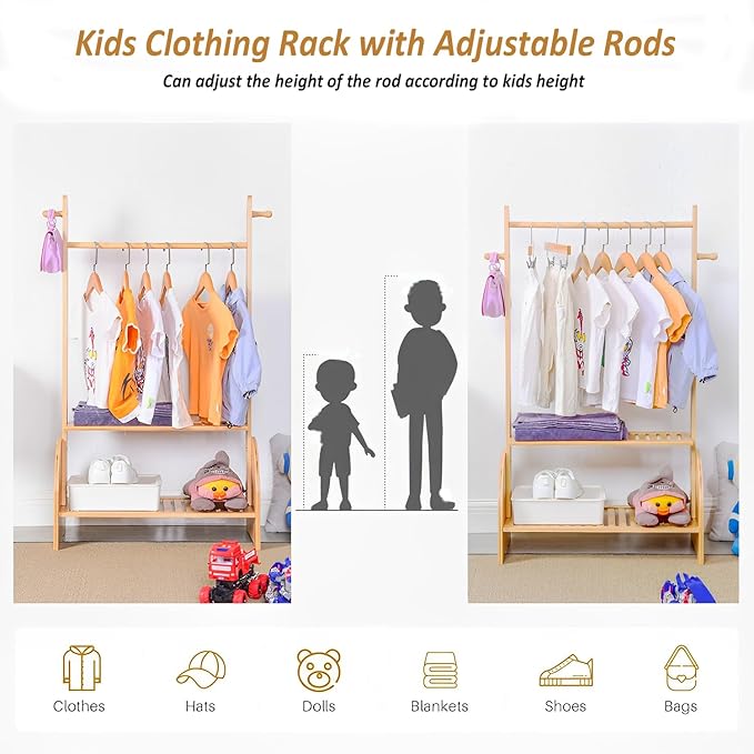 Kids Clothing Rack with Adjustable Rods, Children Clothes Garment Rack for Kids Baby Pet, Kids Dress Up Rack with 2 Bottom Shelves, Kids Wardrobe Closet for Toddlers Nursery (Natural)