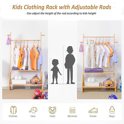 Kids Clothing Rack with Adjustable Rods, Children Clothes Garment Rack for Kids Baby Pet, Kids Dress Up Rack with 2 Bottom Shelves, Kids Wardrobe Closet for Toddlers Nursery (Natural)