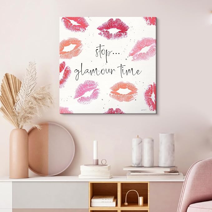 Pink Preppy Wall Decor Red Lip Canvas Wall Art Sexy Lips Painting Inspirational Quote Wall Art Kiss Posters for Bedroom Bathroom Makeup Room Decor 12x12Inch