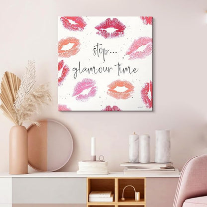 Pink Preppy Wall Decor Red Lip Canvas Wall Art Sexy Lips Painting Inspirational Quote Wall Art Kiss Posters for Bedroom Bathroom Makeup Room Decor 12x12Inch