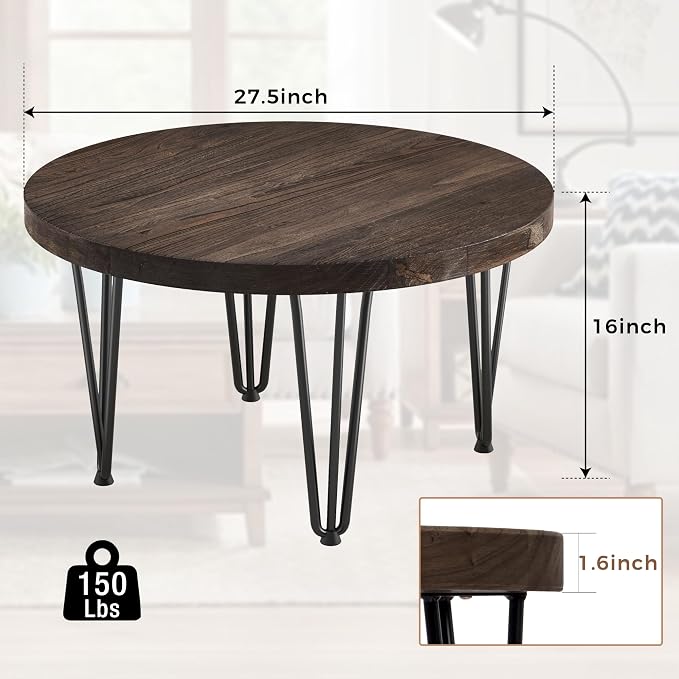 FLYJOE Rustic Wood Round Coffee Table with Metal Legs, Solid Elm Wood Top and Non-Slip Feet Pads - Farmhouse Style for Living Room, Walnut