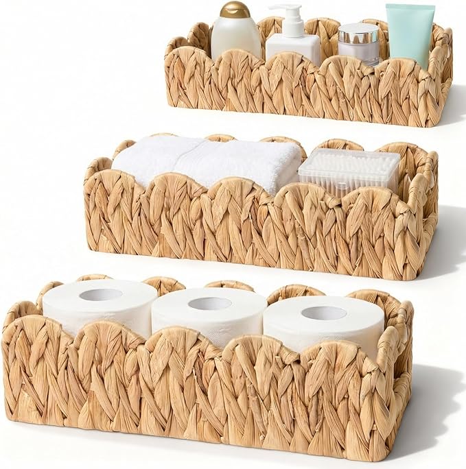 3 Pack Water Hyacinth Toilet Paper Basket for Organizing Scalloped Edge Wicker Basket with Handles Toilet Tank Paper Holder Storage for Bathroom Bedroom Countertop Shelf Decor(Natural Color)