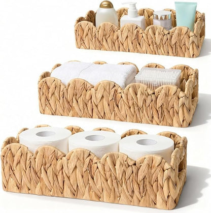 3 Pack Water Hyacinth Toilet Paper Basket for Organizing Scalloped Edge Wicker Basket with Handles Toilet Tank Paper Holder Storage for Bathroom Bedroom Countertop Shelf Decor(Natural Color)