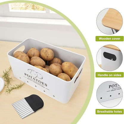 Kitchen Vegetable Storage Set of 3, Metal Onion Garlic Potato Storage Set, Kitchen Canisters Vegetable Keeper Containers with Aerating Holes and Bamboo Lid,White