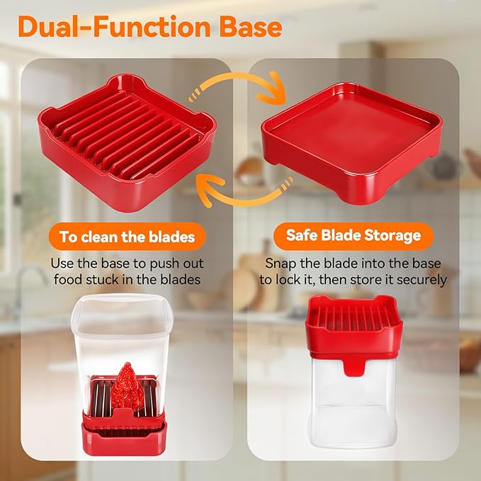 Fruit Slicer Cup for Strawberry, Banana, Hard-Boiled Egg - Detachable Cutter with Push Plate - Rapid & Safe Slicing Kitchen Gadget for Quick Meal Prep (Red)