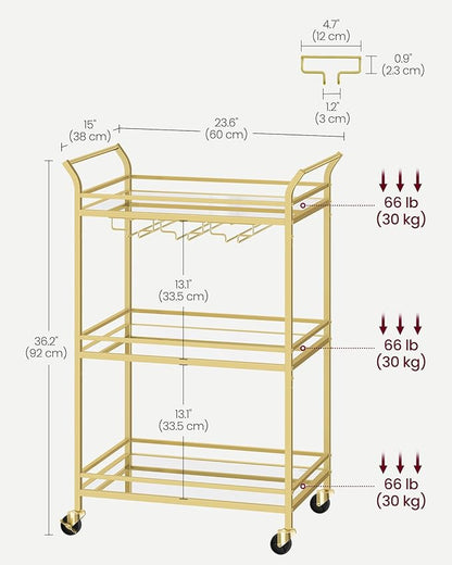 VASAGLE Bar Cart Gold, Small Home Bar Serving Cart with 3-Tier Mirrored Shelf, Wine Holders, Glass Holders, for Small Spaces, Kitchen, 15 x 23.6 x 36.2 Inches, Gold ULRC100A01