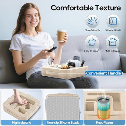 Couch Cup Holder Pillow, Sofa and Bed Caddy for iPad, Kindle, Switch, Game Controller, Remotes, Phones, Small-Sized Cup and Drink Holder for Couch, Bed, Desk, Car, Beach, Bathroom Cup Holder, Khaki