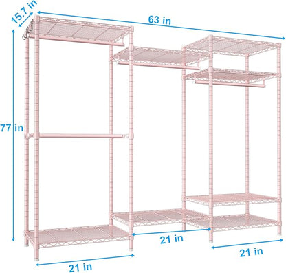 Ulif E13 Heavy Duty Clothes Rack（With 4 Hanger Rods & 8 Shelves） Freestanding Clothing Racks for Hanging Clothes，Adjustable Closet Organizer，Metal Garment Rack 63" W x16 D x77 H，Max Load 900LBS，Pink