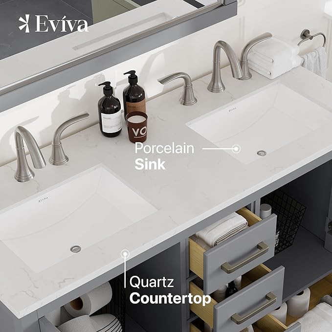 Eviva Aberdeen 48 Inch Bath Vanity with Sink- Gray Bathroom Vanity with Carrara Quartz Top