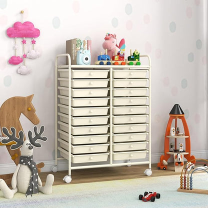 GOFLAME 20-Drawer Rolling Storage Cart, Multifunctional Art Craft Organizer, Mobile Utility Storage with Removable Drawers & Lockable Wheels, Craft Cart for Home Office, White