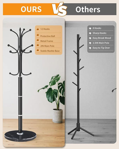 EZIVIEZ Modern Coat Rack Stand, Metal Freestanding Coat Rack with Natural Marble Base, Heavy-Duty Coat Racks with 12 Hooks,Black Coat Hanger Tree Stand for Office, Entryway, Hallway