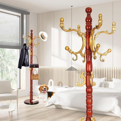 Coat Rack Freestanding,Solid Wooden Coat Rack Stand with 3 Height Options,14 Hooks, Natural Birch Coat Tree Easy to assemble for Clothes Jacket Hat bag Entryway (mahogany) (begonia)