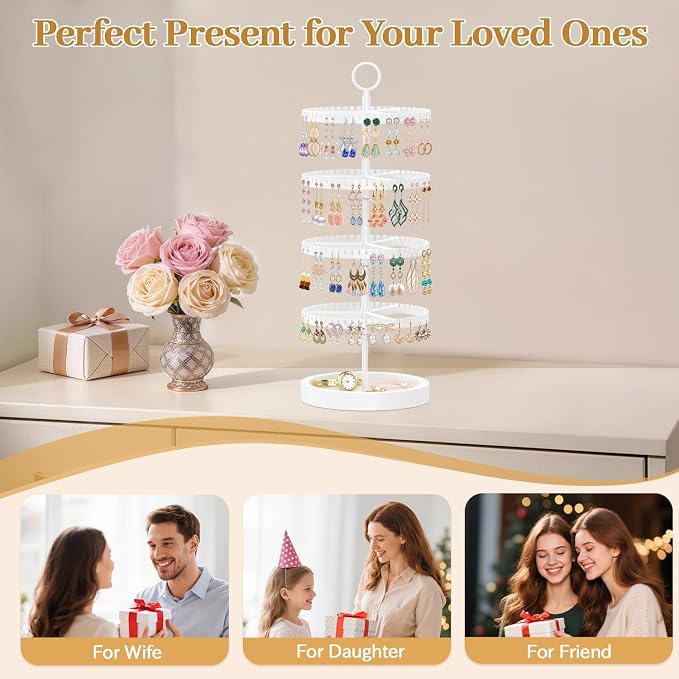 MODOWEY 4 Tier Rotating Earring Holder Organizer Display Tree with Wooden Tray, Adjustable Plastic Stand with 228 Slots for Stud Hoop Hanger, Large Capacity Storage Rack for Women Space Saving, White